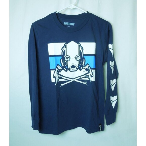 Boys Fortnite Long Sleeve Navy White Blue Graphic Tee Size 14/16 - Picture 2 of 4